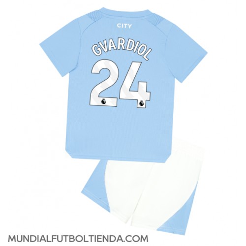Camiseta Manchester City Josko Gvardiol #24 Primera Equipación Replica 2023-24 para niños mangas cortas (+ Pantalones cortos)